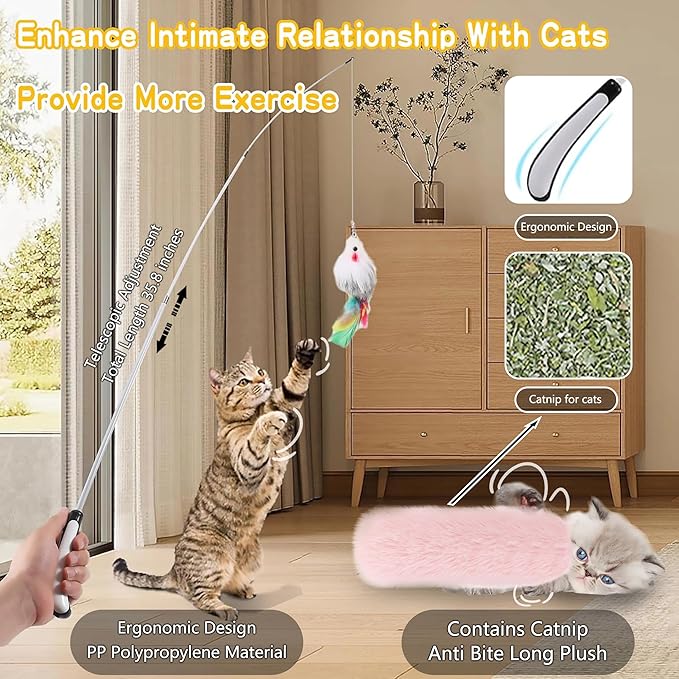 4-in-1 Interactive Cat Feather Toys with Durable Retractable Fishing Pole, Enhanced Suction Cup Toy, Door Hanging Teaser Toy and 11 Attachments Replacements for Bored Indoor Adult Cats-PawvioPets