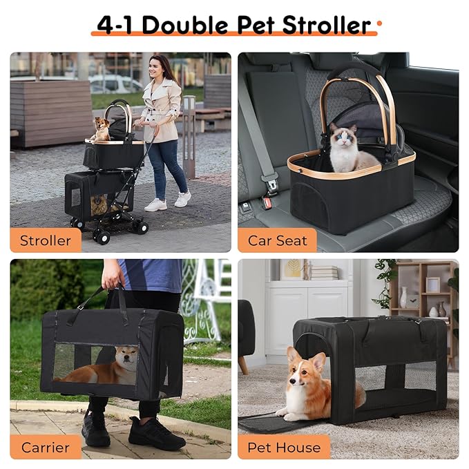Double Pet Stroller for Small Medium Dogs - 4 In1 Dog Stroller for 2 Pets, Detachable and Foldable with 360°Rotating Wheels, Easy Assembly and Compact Size-PawvioPets