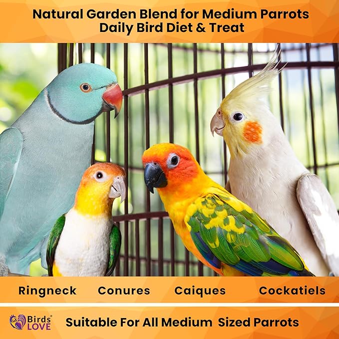 Birds LOVE All Natural Garden Blend Bird Food for Medium Birds - Cockatiels, Green Cheek Conures, Ringneck Parakeets and Small Quakers 2lb-PawvioPets