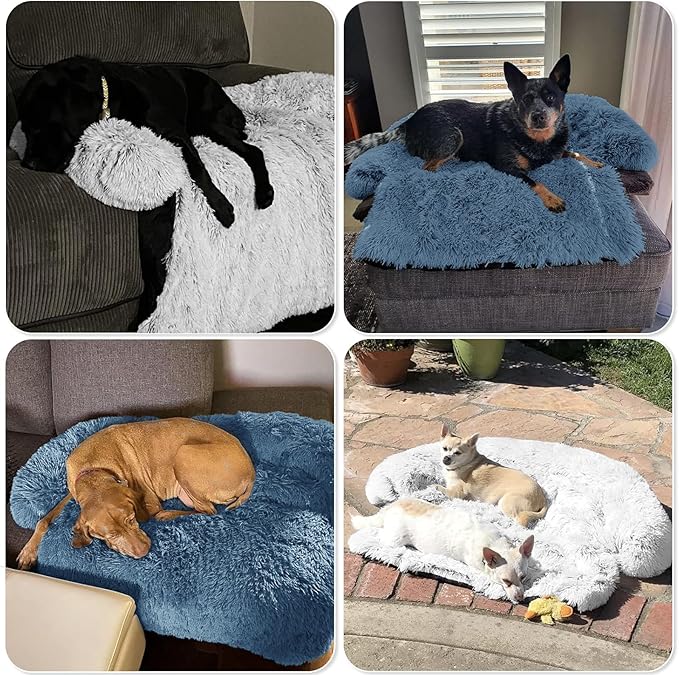 GGIB Calming Dog Bed Fluffy Plush Dog Mat for Furniture Protector with Removable Washable Cover for Large Medium Small Dogs and Cats (Large, Navy)-PawvioPets