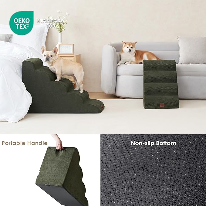 EHEYCIGA Curved Dog Stairs Ramp for High Beds 19.7" H, 4-Step Dog Steps for Small Dogs and Cats, Pet Stairs for High Bed Climbing, Non-Slip Balanced Pet Step Indoor, Olive Green-PawvioPets