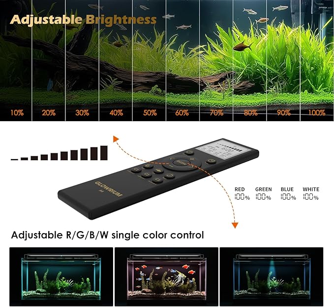 GLOWRIUM LED Aquarium Light with Remote, Full Spectrum Fish Tank Light with Auto Timer, IP67 Waterproof Freshwater Planted Tank Light, Dimmable RGB+W+Moon LEDs with High Performance (18W 24-29inch)-PawvioPets