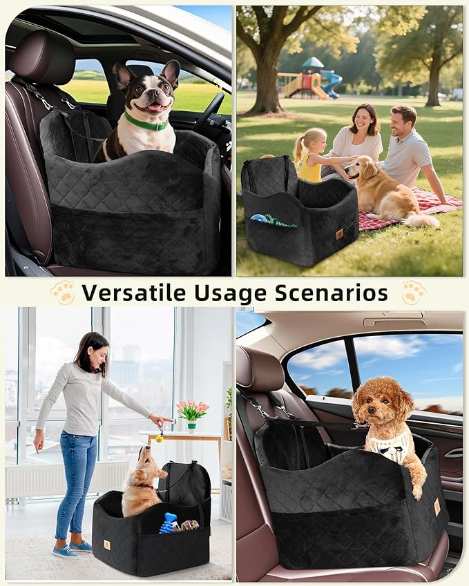 Car Seat Booster for Dog: High-Support Memory Foam Pet Car Seat for Small/Medium Dogs Under 35lbs with Elevated Cushion - Detachable Washable Puppy Travel Bed for Driving with Pockets (Black)-PawvioPets