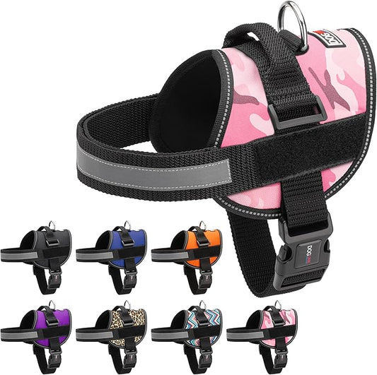 Dogline Dog Harness, Reflective No-Pull Adjustable Vest with Handle, Breathable No-Choke Harness for Small, Medium or Large Dogs Room for Patches Girth 27 to 34 in Pink Camo-PawvioPets