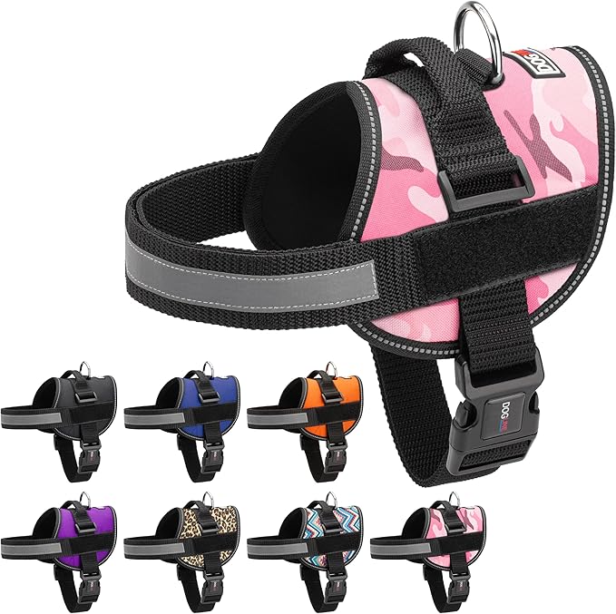 Dogline Dog Harness, Reflective No-Pull Adjustable Vest with Handle for Walking, Training, Breathable, No - Choke Harness for Small, Medium or Large Dogs Room for Patches Girth 33"-46" in Pink Camo-PawvioPets