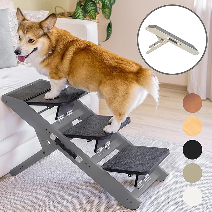 Dog Steps for Bed & Couch 2-in-1 Dog Stairs/Ramp - Height Adjustable Dog Ramp for Couch 7” - 20” - Pet Stairs, Dog Stairs for Small Dogs - Easy to Move Pet Steps with Landing Platform, Gray-PawvioPets