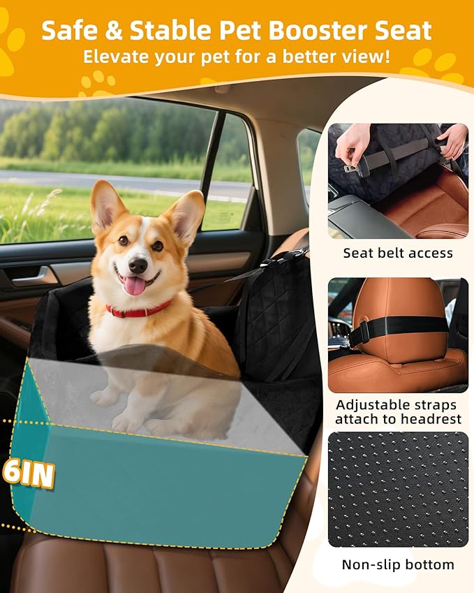 Car Seat Booster for Dog: High-Support Memory Foam Pet Car Seat for Small/Medium Dogs Under 35lbs with Elevated Cushion - Detachable Washable Puppy Travel Bed for Driving with Pockets (Black)-PawvioPets