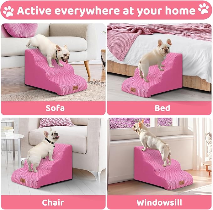 Dog Ramp and Stair for Bed 16" H-20 H,3-Step Cat Stair for Sofa and Chair,4-Step Dog Ramp for High Bed and Window,Durable Nonslip Fabric Cover for Indoor (Pink-16 H, Pet Friendly, 3)-PawvioPets