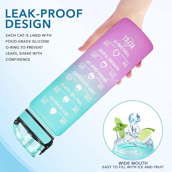 Enerbone Water Bottle, Leakproof BPA & Toxic Free, Motivational Water Bottle with Times to Drink and Straw, Fitness Sports Water Bottle with Strap for Office, Gym, Outdoor Sports-PawvioPets