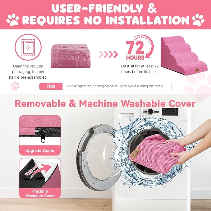 Dog Ramp and Stair for Bed 16" H-20 H,3-Step Cat Stair for Sofa and Chair,4-Step Dog Ramp for High Bed and Window,Durable Nonslip Fabric Cover for Indoor (Pink-20 H, Pet Friendly, 4)-PawvioPets