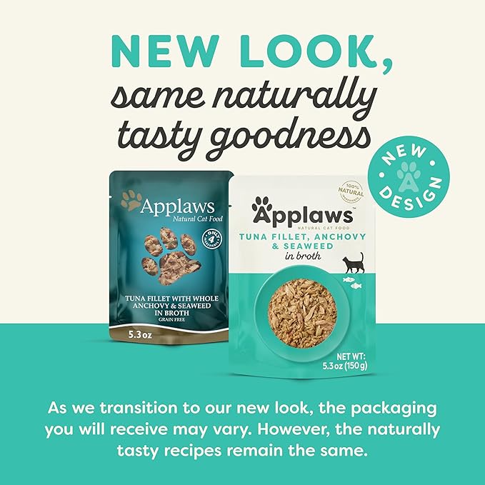 Applaws Natural Wet Cat Food in Broth, Limited Ingredient Wet Cat Food Pouches, No Additives, Made with Natural Ingredients, Tuna Fillet with Anchovy & Seaweed in Broth (12 x 5.3oz Pouches)-PawvioPets