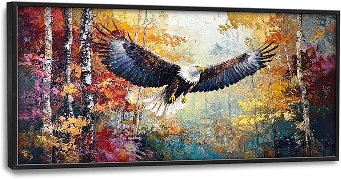 Extra Large Framed Bald Eagle Wall Art,Abstract Colorful Forest Wall Decor,Autumn Fall Forest Pictures for Living Room,Canvas Print Painting Modern Artwork Bedroom Office Home Decor 60L x 30W-PawvioPets