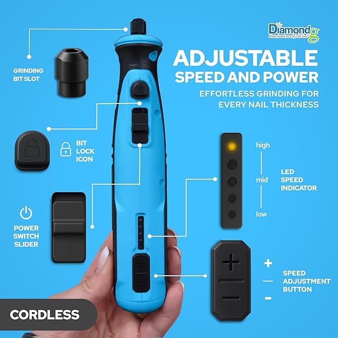 Diamondg Cordless Dog Nail Grinder with Quiet Sound & LED Tip for Large & Small Dogs, 4hrs. Runtime, 2 Bits Included, Blue-PawvioPets