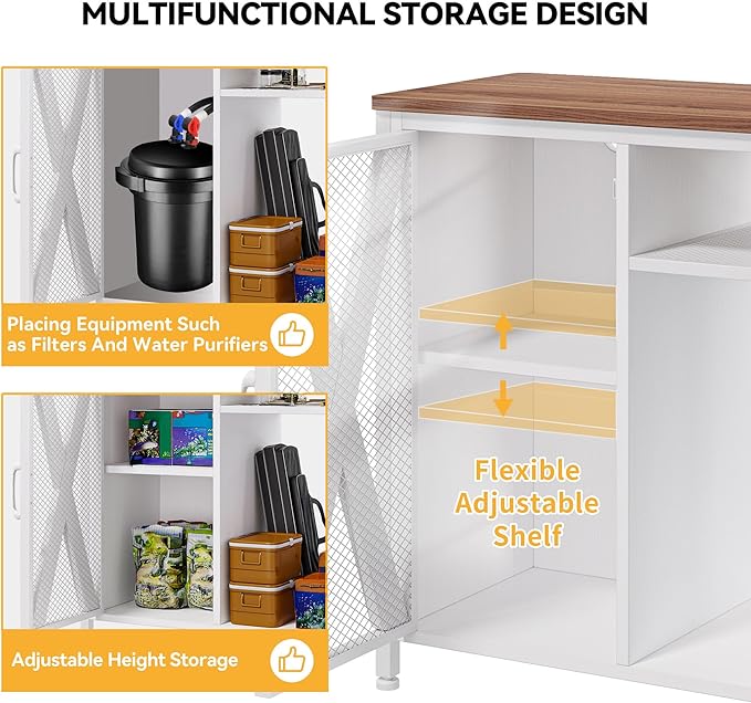 DWVO 20-29 Gallon Aquarium Stand with Power Outlets & LED Light, Cabinet for Fish Tank Accessories Storage - Metal Stand Suitable for Turtle Tank, Reptile Terrarium, 350LBS Capacity, White-PawvioPets