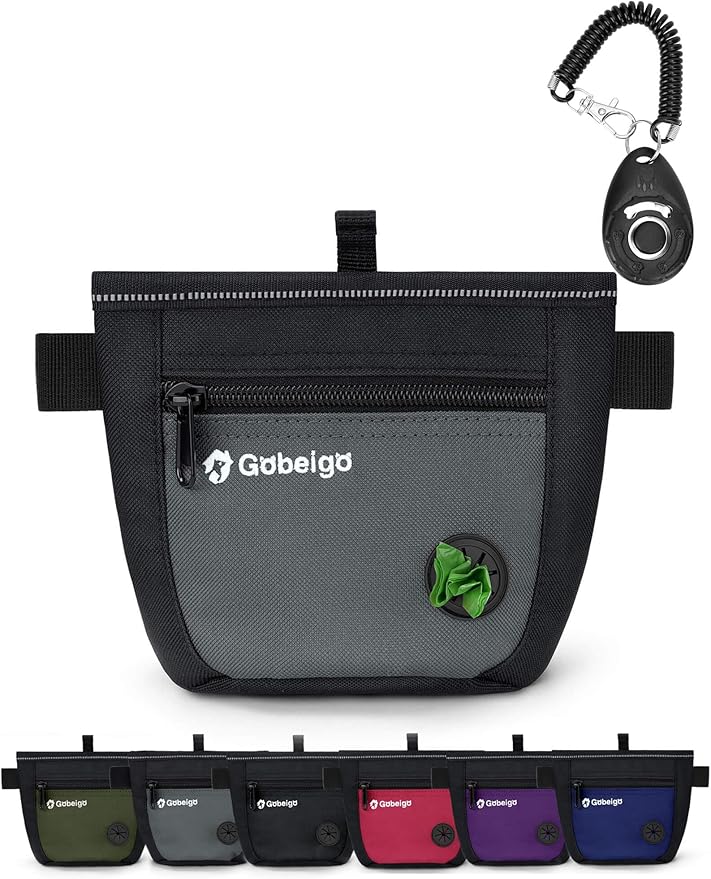 Gobeigo Dog Treat Pouch and Training Clicker, Upgrade Two Magnetic Closure to Prevent Spills, 2 Cup Treat Bag with Poop Bag Dispenser, Metal Clip Waist Belt Fanny Pack for Pet Walking (Black/Gray)-PawvioPets