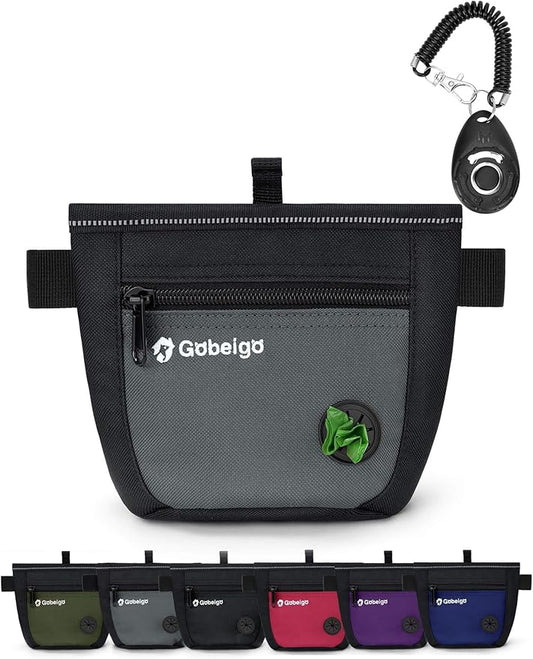 Gobeigo Dog Treat Pouch and Training Clicker, Upgrade Two Magnetic Closure to Prevent Spills, 2 Cup Treat Bag with Poop Bag Dispenser, Metal Clip Waist Belt Fanny Pack for Pet Walking (Black/Gray)-PawvioPets