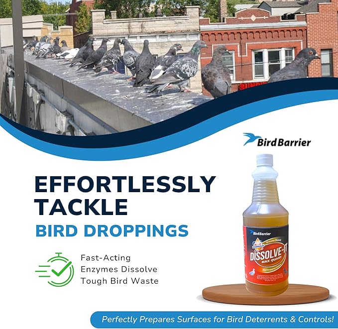 BIRD BARRIER Product Image Dissolve-It Enzyme Cleaner Concentrate |1 Quart Ready to use | Bird Dropping Remover, Pet Urine & Odor Eliminator for Carpets, Hardwood Floors, Drains & Grease Traps-PawvioPets