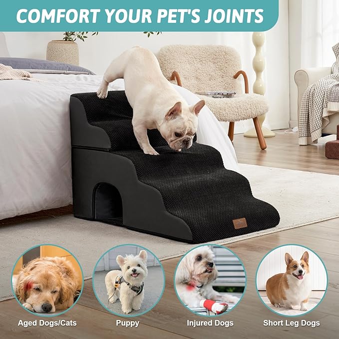 Extra Wide Dog Stairs with Tunnel, Detachable Large Pet Step for Small Medium Dog, Puppy or Cat, Ramp for High Bed, Couch, Sofa or Car, Stable, 19.7x33x22.4 inch, 5 Step, Black-PawvioPets