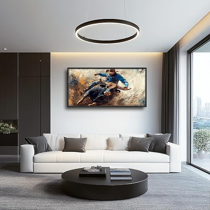 Framed Large Western Cowboy Wall Art, Oversized Rustic Cow Wall Decor for Living Room, Dusty Canvas Painting Pictures Vintage Artwork Home Decoration for Living Room Bedroom Office 60"x30"-PawvioPets