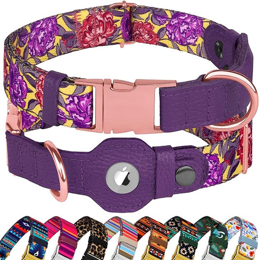 AirTag Dog Collar for Small Medium Large Breed - Adjustable Cute Pattern Dog Collar with Airtag Holder - Soft Leather Tracker GPS Apple Air Tag Pet Collars (X-Small, 9"-12" Neck Fit, Peonies)-PawvioPets