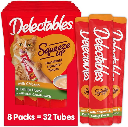 Delectables Squeeze Up Creamy Squeezable Puree, Lickable Wet Cat Treats, Grain Free, No Added Fillers, No By-Products, No Added Preservatives, 0.5 Ounces Tube Chicken with Catnip, 32 Tubes Total-PawvioPets