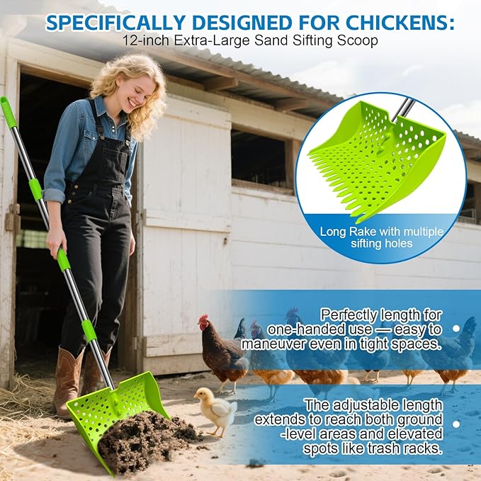 12-Inch 2-in-1 Chicken Poop Scooper & Rake – US Patent Pending – 3-Shape Sifting Holes Chicken Coop Rake，Stainless Steel Handle （20–61"）– Litter Scoop Sand & Sifting Shovel for Chicken Coops(Green)-PawvioPets