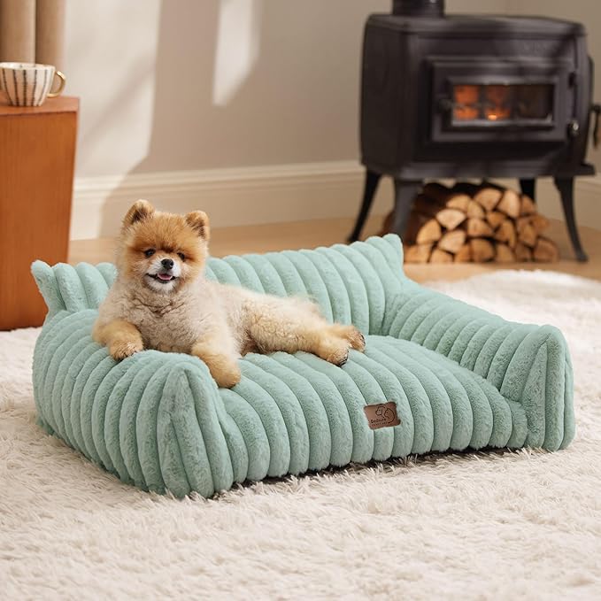 Bedsure Cute Cat Couch for Pets - Fluffy Small Dog Sofa with Premium Soft Corduroy Fleece, Pet Sofa with Removable Washable Cover, Supportive Dog Couch Bed for Small Medium Dogs, 30inch, Garden Green-PawvioPets