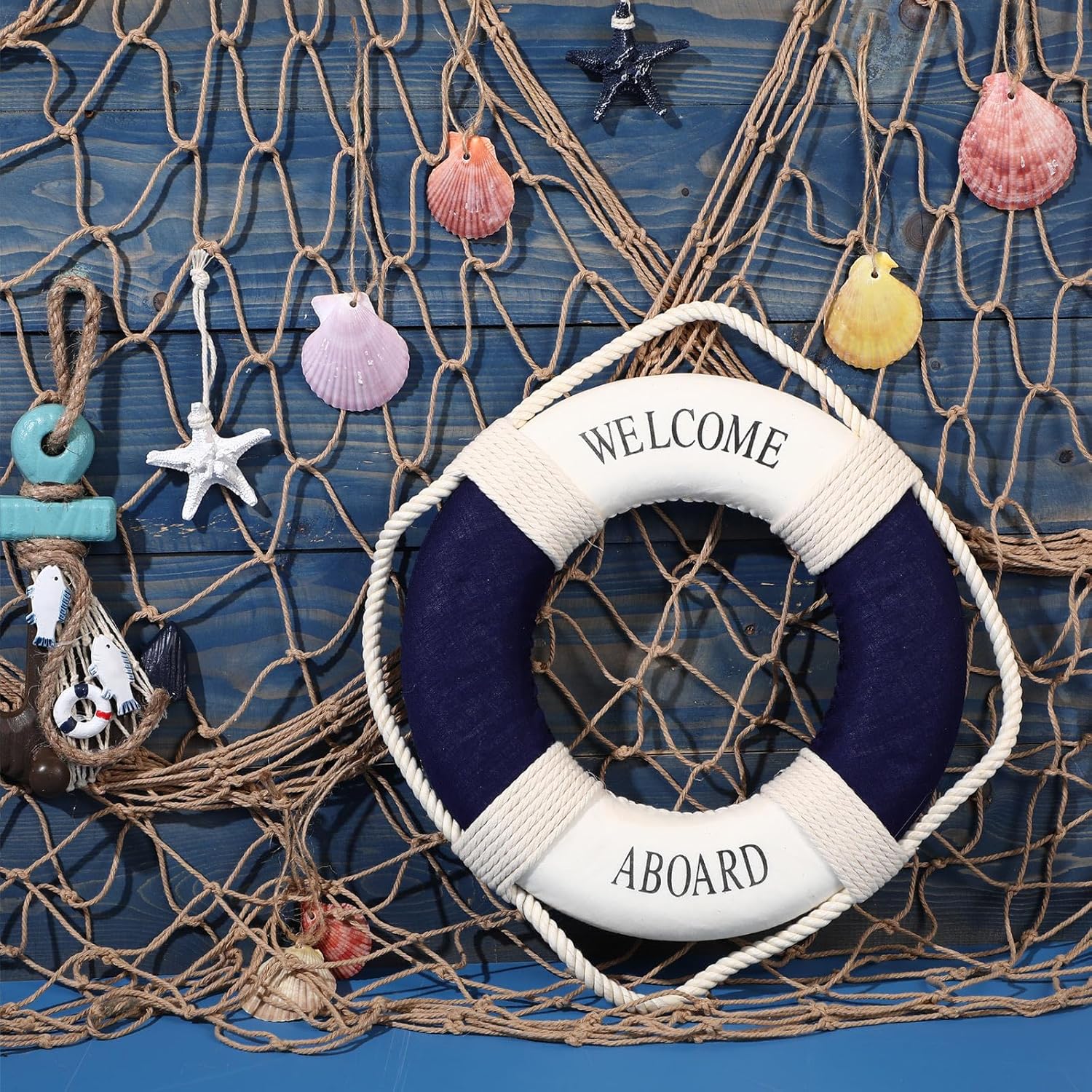 Marsui 11 Pcs Wooden Nautical Wall Decor Fishing Net Decoration, Include Decorative Fishing Net, Ship wheel, Fish Skeleton, Life Ring, Anchor, Starfish Beach Decor for Mediterranean Party (Brown)