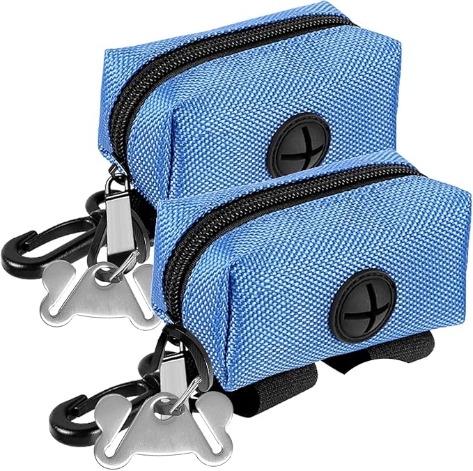 Dog Waste Bag Dispenser Pet Poop Bags Holder for Doggie Waste Bags Dispensers Soft Fabric Zipper Small Doggy Puppy Pouch for Leash Accessory Attachment with Carrier,2PCS Blue-PawvioPets