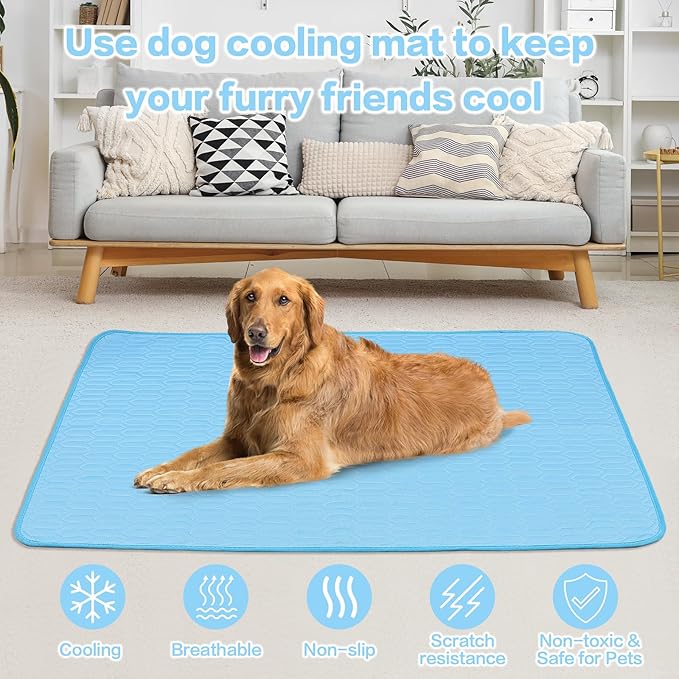 39 Inches× 29 Inches Cooling Mat for Dogs/Cats Immediately Dog Cooling Mat in Summer, Ice Silk Latex Anti-Slip Pet Sleeping Pad Sky Blue Dog Pad Suitable for Car/Indoor/Tourism Use-PawvioPets