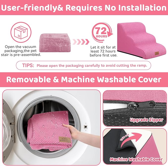 Dog Ramp and Stair for Bed 16" H-20 H,3-Step Cat Stair for Sofa and Chair,4-Step Dog Ramp for High Bed and Window,Durable Nonslip Fabric Cover for Indoor (Pink-16 H, Pet Friendly, 3)-PawvioPets