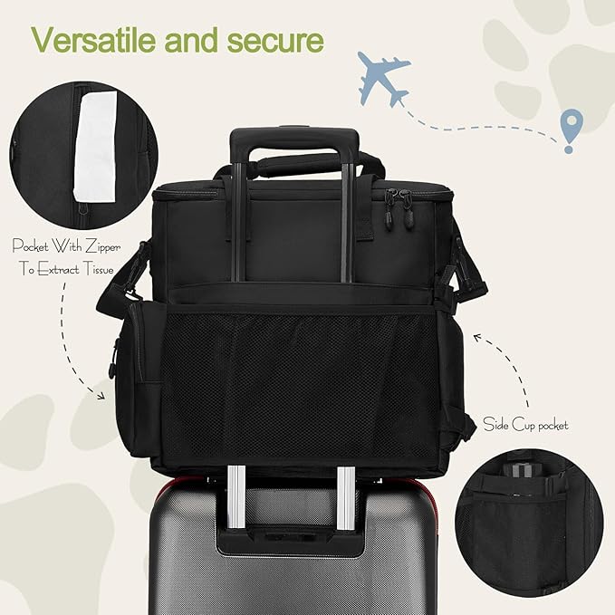 Dog Travel Bag,Weekend Pet Travel Bag Set for Dog and Cat,Airline Approved Tote Multi-Function Dog Bags for Traveling,Include 2 Collapsible Bowls,2 Food Storage Containers,1 Feeding Mat,Black-PawvioPets