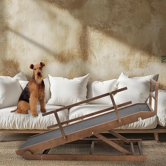 Dog Ramp for Bed, 5 Level Adjustable Dog Ramp for High Beds, Upgrade Rubber Mat High Traction Ramp with Safety Rails, Folding Pet Ramp for Bed, Couch,SUV, Natural Wood Pet Ramp for Small & Old Dogs-PawvioPets