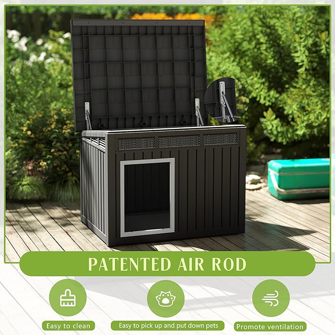 Dog House Indoor Outdoor,Resin Waterproof Puppy Shelter with Air Vents and Elevated Floor,Air Rod on Top to Open,Dog Kennel for Small to Large Dogs(Black,42.87 * 32.95 * 31.61)-PawvioPets