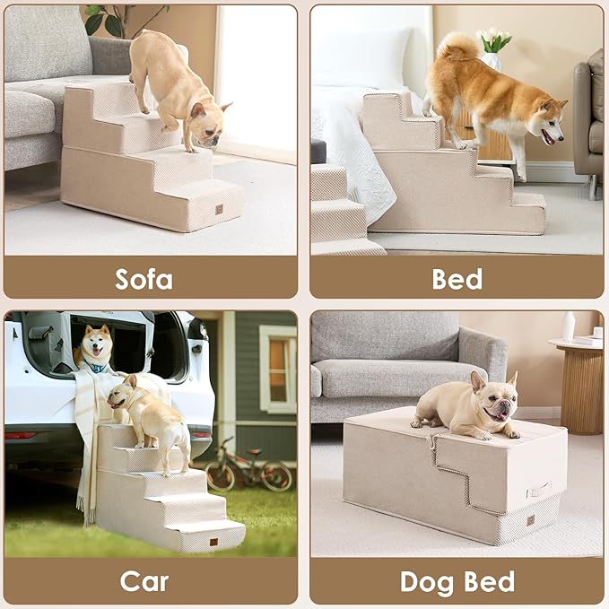 EHEYCIGA Dog Stairs for Small Dogs 13.5" H, 3-Step Dog Steps for Couch Sofa and Chair, Pet Steps for Medium Cats, Non-Slip Balanced Pet Ramp Indoor, Beige-PawvioPets