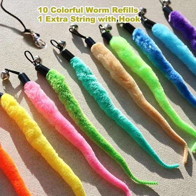 10PCS Cat Worm Toy for Cats, Cat Wand Toy Accessories, Cat Feather Toy Attachments Replacements, and 1PC Black String for Cat Fishing Pole Toy, Assorted Worm Cat Toy Teaser for Indoor Cats Kitten-PawvioPets