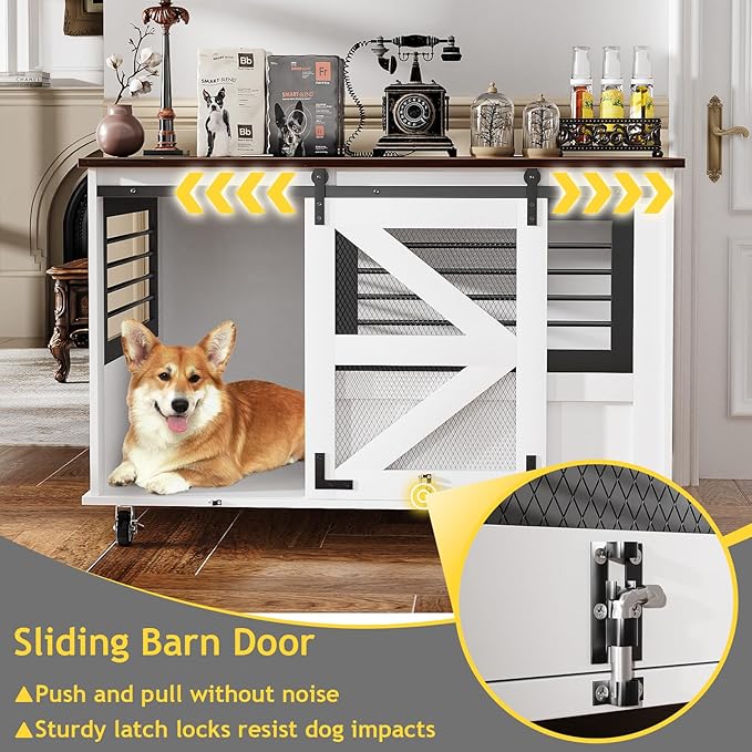 47 inch XL Dog Crate Furniture with Top-Access Teasing/Feeding Doors, Farmhouse Wooden Decorative Dog Crates with Wheels, Chew-Resistant Dog Crates End Table for Medium&Large Dogs, White-PawvioPets