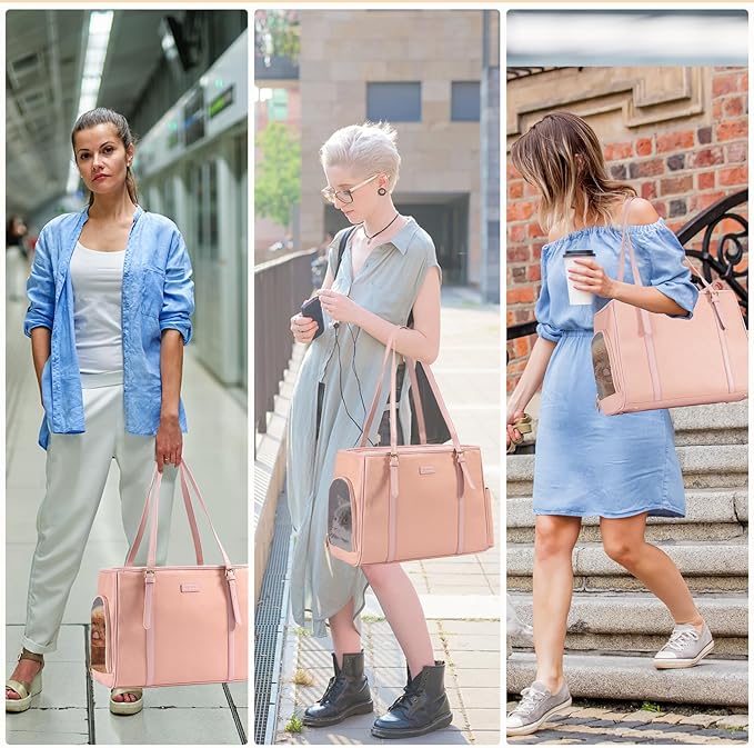 Fashion Dog Purse Pet Carrier Leather Bag for Small Dogs Cats Puppy, Portable Tote Bag Airline Approved Soft-Sided Carriers (Pink)-PawvioPets