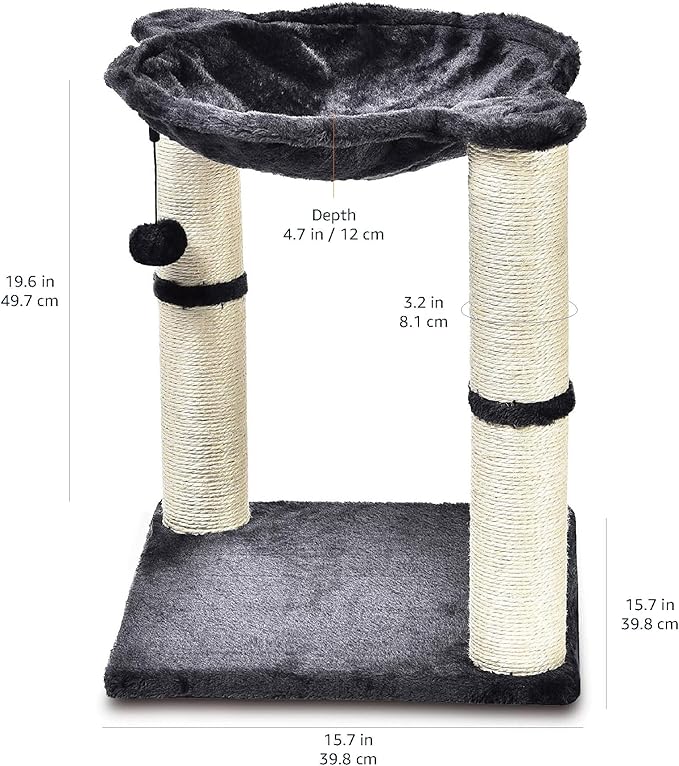 Amazon Basics Cat Condo Tower with Hammock Bed and Scratching Post,Easy to Assemble,Plush Hammock,Interactive Hanging Ball, Durable Sisal Scratch Posts for Indoor Cats, 15.8 x 15.8 x 19.7 Inches, Gray-PawvioPets