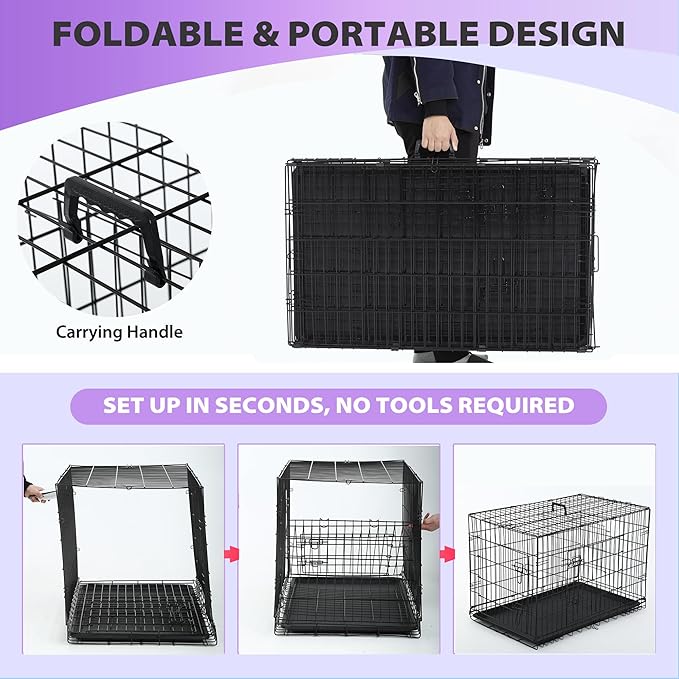 BestPet | Dog Crate | 30" | Black | Foldable Metal Kennel with Double Doors, Secure Slide-Bolt Latches, Leakproof Tray | Portable Dog Cage for Small Breeds | for Travel, Indoor & Outdoor Use-PawvioPets
