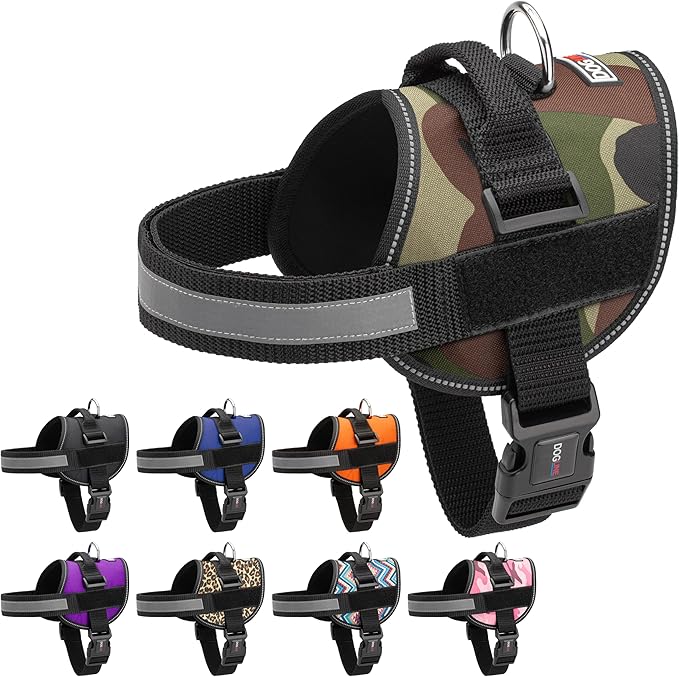 Dogline Dog Harness, Reflective No-Pull Adjustable Vest with Handle, Breathable No-Choke Harness for Small, Medium or Large Dogs Room for Patches Girth 27 to 34 in Green Camo-PawvioPets