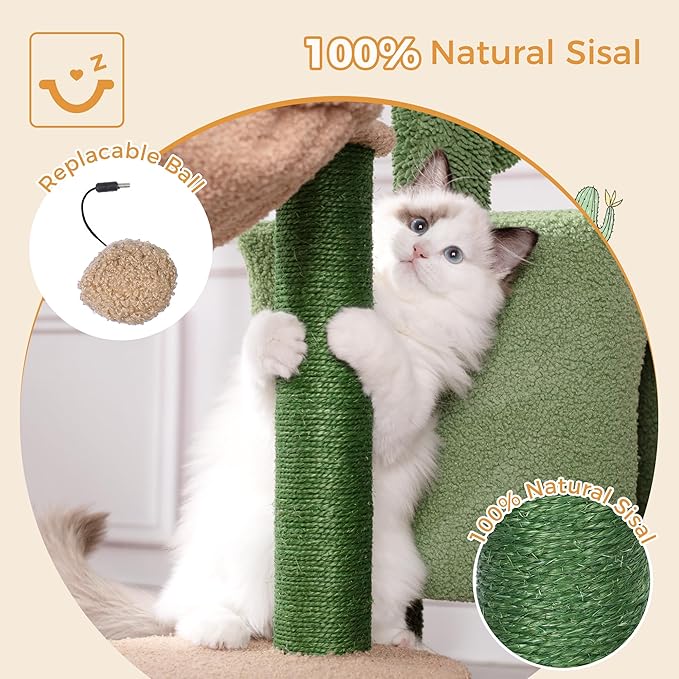 Cactus Cat Tree Small Cat Tower with 32 Inches Scratching Post with Cats Condo House, Cozy Hammock and Removable Top Bed and Dangling Ball for Indoor Cats-34” Green-PawvioPets