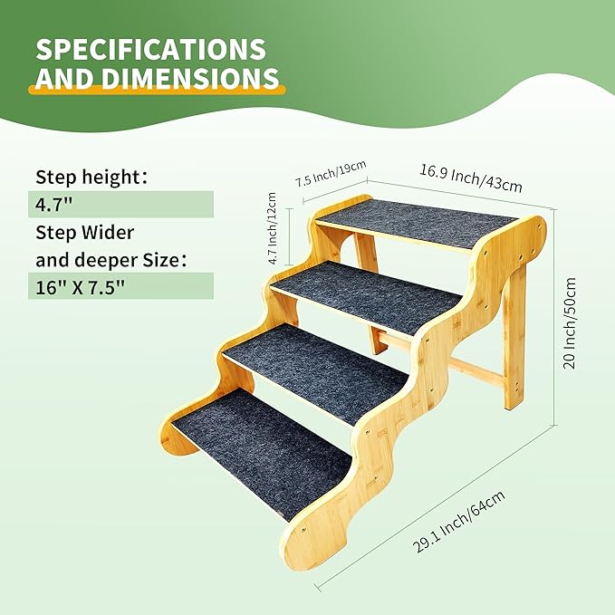 Dog Stairs for Large/Oldder Dogs,4 Steps Bamboo Wooden Pet Ramp for High Beds, Cars & Couch Sofa - Supports Dog Up to 160 LB,20-inches High-PawvioPets