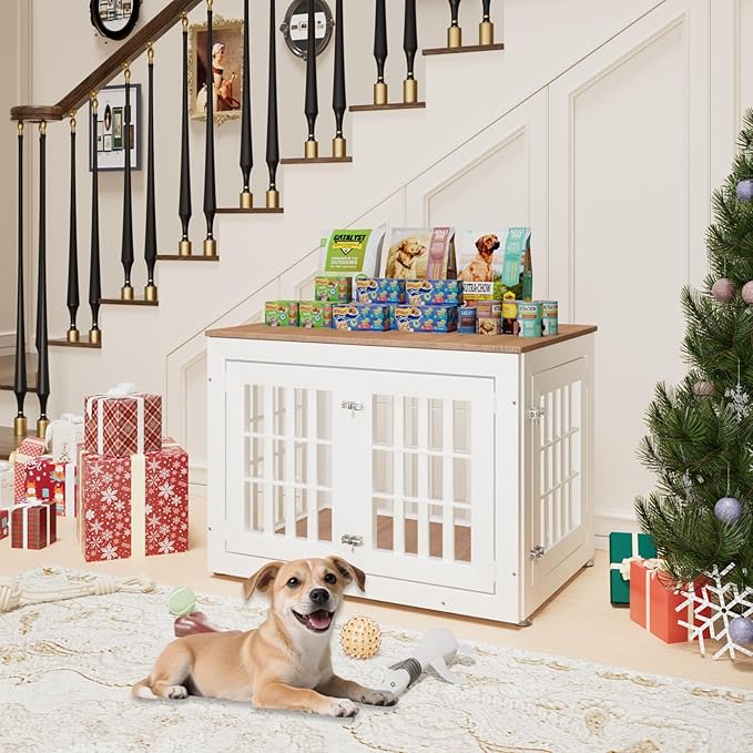 38" Heavy Duty Dog Crate Furniture for Small,Medium and Large Dogs,Rustic Wooden Dog Cage Kennel Indoor Furniture with Waterproof Top,Decorative Pet House Side End Table (White & Wood)-PawvioPets