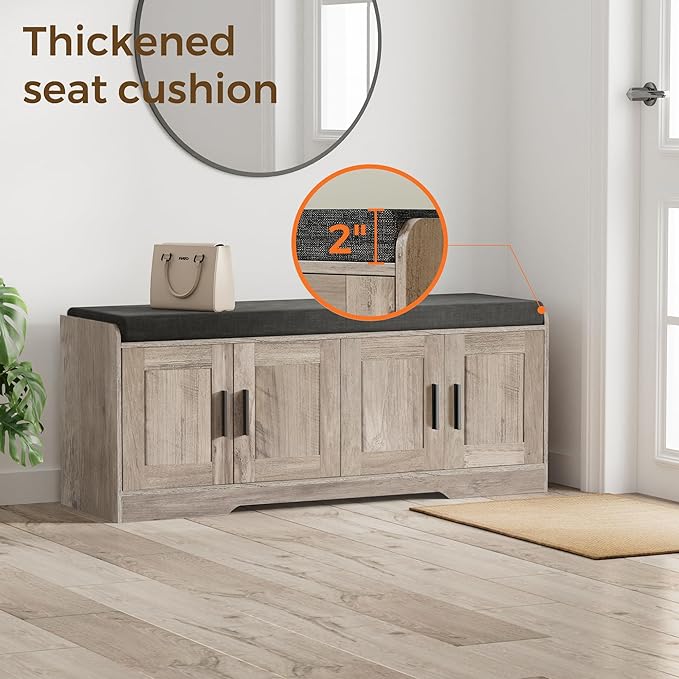 2-Tier Storage Bench, Shoe Bench with Thickened Padded Seat Cushion, Entryway Bench with 4 Doors, Adjustable Shelf, 13.8" D x 45.3" W x 18.5" H, for Entryway, Living Room, Bedroom, Greige-PawvioPets
