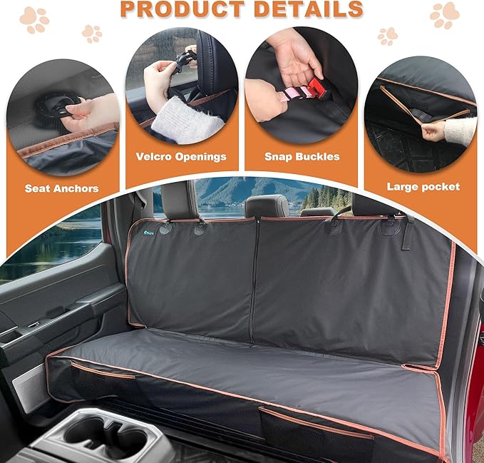 Dog Car Seat Cover for Back Seat, Waterproof PU Leather Bench Seat Covers for Trucks Ford F 150/Ram 1500/Chevy Silverado/GMC Covers, Non-Slip Back seat Pet Cover for Dogs in Car, Easy to Use and Clean-PawvioPets