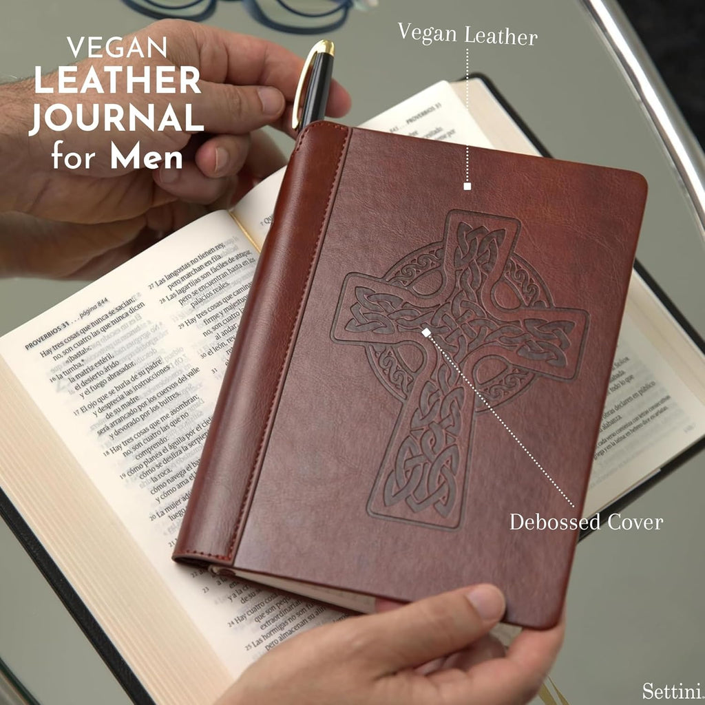 SETTINI® Lined Journal - Celtic Cross Journal for Writing Gift Set - Hardcover Vegan Leather, Includes Luxury Pen in a Unique Pen Holder, 192 Pages, 6 x 8.5 inches, Bible Journal, Birthday Gift
