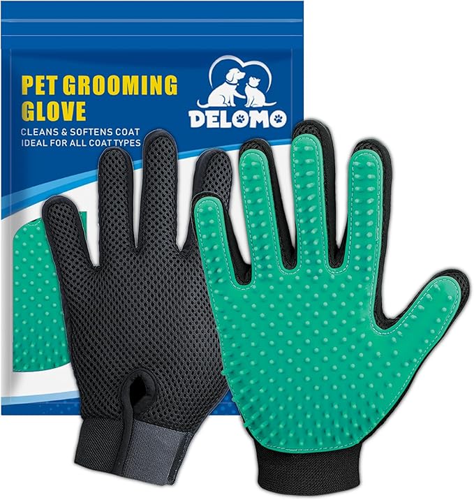 DELOMO Pet Hair Remover Gloves, 255 Tips, Deshedding Glove for Dog and Cat, Gentle De-Shedding Glove Brush, Green, 2 Count-PawvioPets
