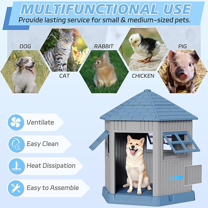 Durable Dog House Indoor Outdoor for Small Medium Dogs, Weatherproof Puppy Shelter with Elevated Floor & Air Vents, Easy Clean and Assemble (Blue, 36.61L*29.5W*37.4H)-PawvioPets