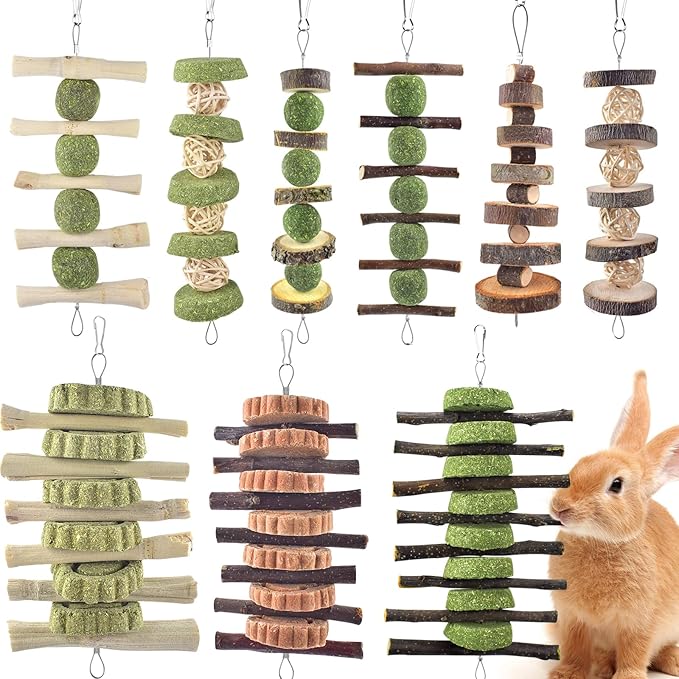 ERKOON Bunny Chew Toys, Rabbit Chew Toys for Teeth Grinding, Improve Dental Health, 100% Natural Apple Wood Timothy Grass Cake Treats for Rabbits Guinea Pigs Chinchillas Bunnies Hamsters (9 Pcs)-PawvioPets